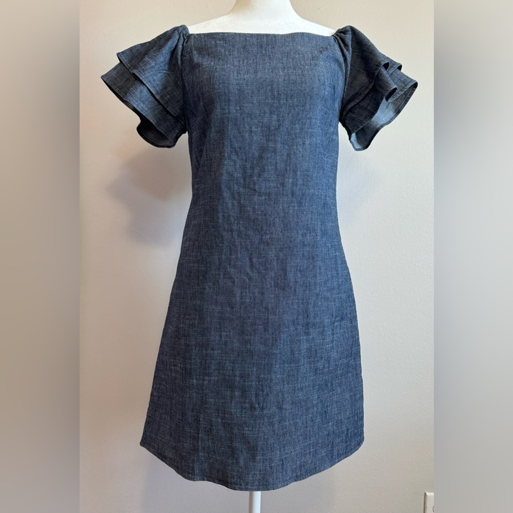 Alice + Olivia Chambray Blue Off-Shoulder Mini Dress